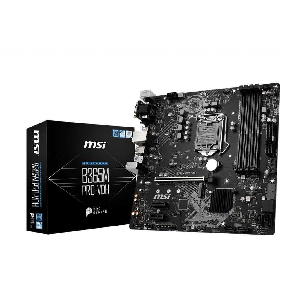 MSI B365M PRO-VDH motherboard from the PRO Series, micro-ATX form factor, supporting Intel 8th and 9th Gen processors, shown with its retail packaging. MSI B365M PRO-VDH motherboard from the PRO Series, micro-ATX form factor, supporting Intel 8th and 9th Gen processors, shown with its retail packaging.